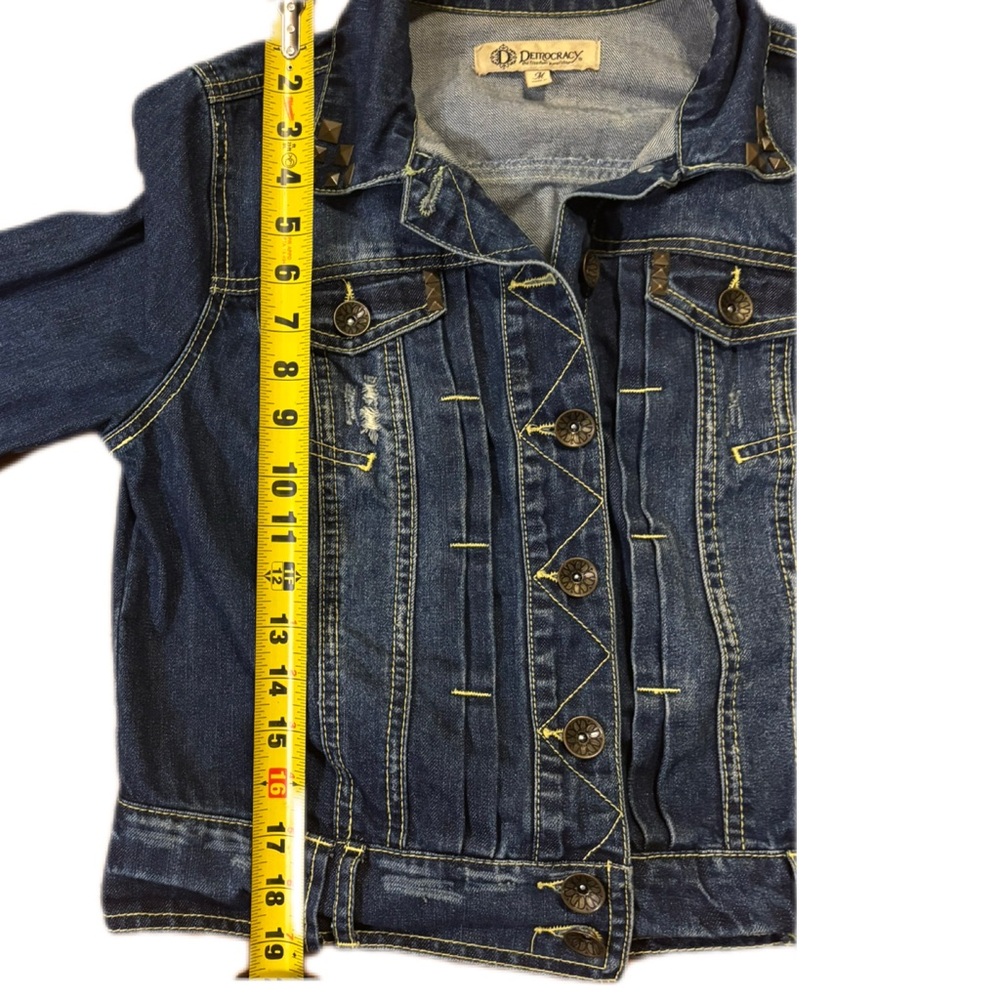 Democracy Distressed Denim Jacket with Yellow Stitching and Bronze hardware EUC - Picture 11 of 11